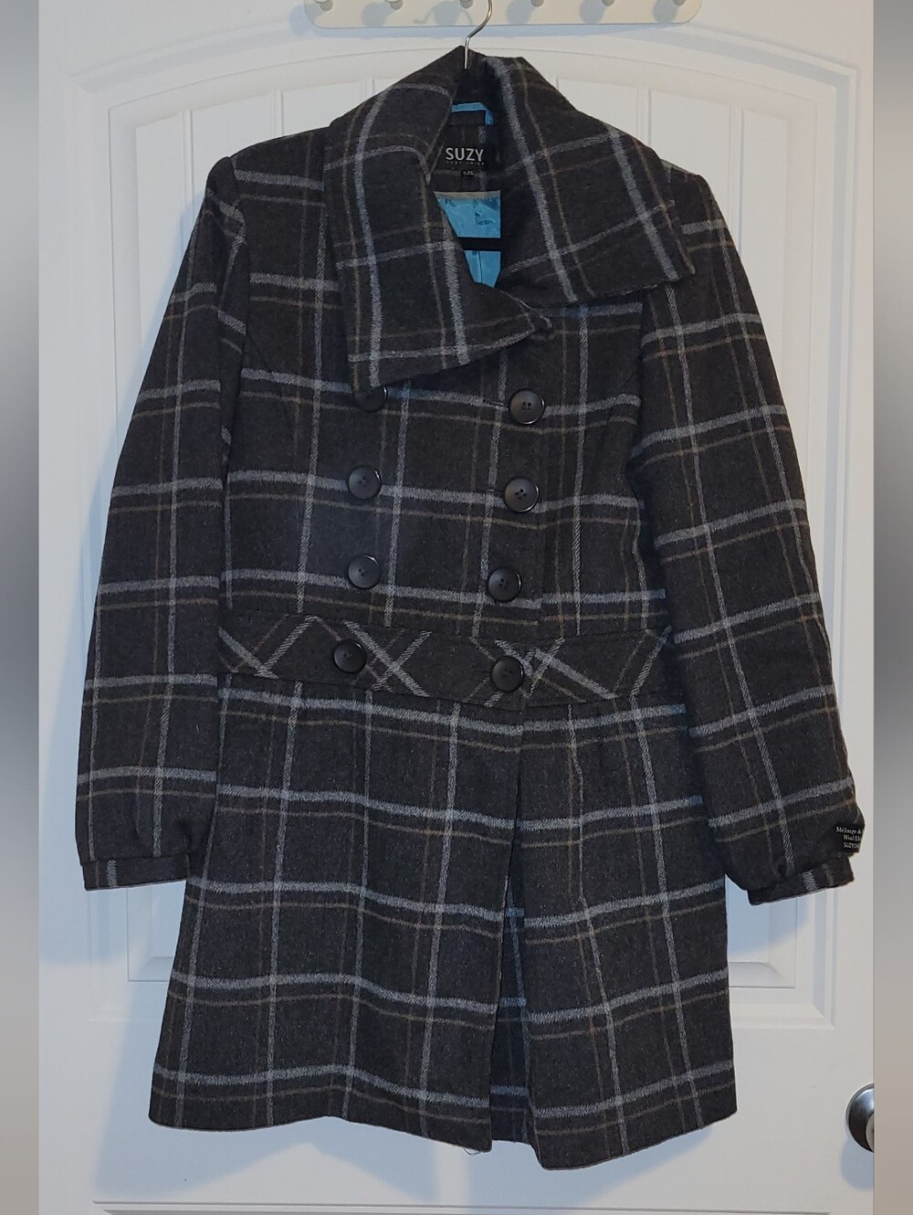 Suzy Shier Plaid Double-Breasted Pea Coat